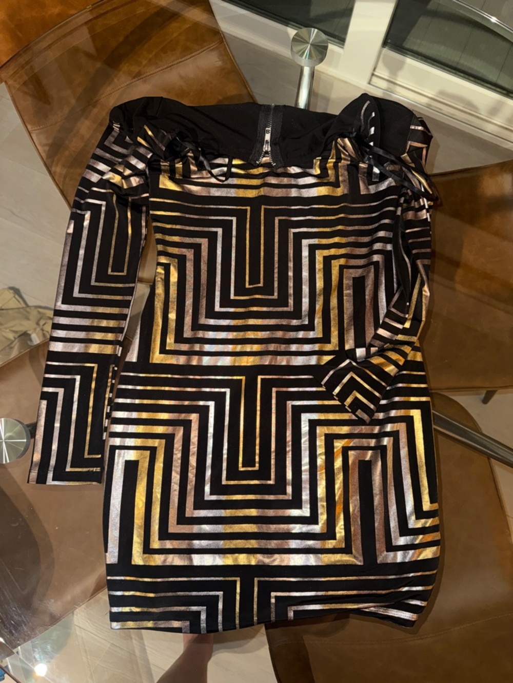 Bebe Black and Gold Geometric Sequin Mini Dress